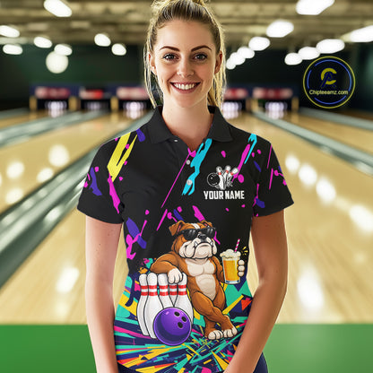 Colorful Bowling Jersey Funny Bulldog Bowling Polo & 1/4 Zip For Women Custom Bowling Team Shirts TDM7703
