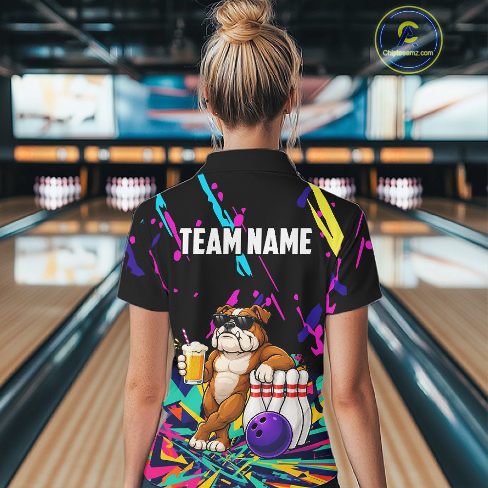 Colorful Bowling Jersey Funny Bulldog Bowling Polo & 1/4 Zip For Women Custom Bowling Team Shirts TDM7703