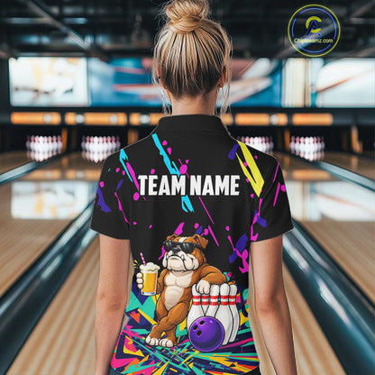 Colorful Bowling Jersey Funny Bulldog Bowling Polo & 1/4 Zip For Women Custom Bowling Team Shirts TDM7703