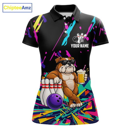 Colorful Bowling Jersey Funny Bulldog Bowling Polo & 1/4 Zip For Women Custom Bowling Team Shirts TDM7703