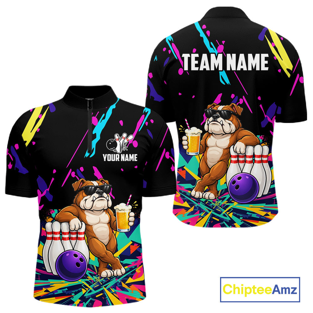 Colorful Bowling Jersey Funny Bulldog Bowling Polo & 1/4 Zip For Men Custom Bowling Team Shirts TDM7703