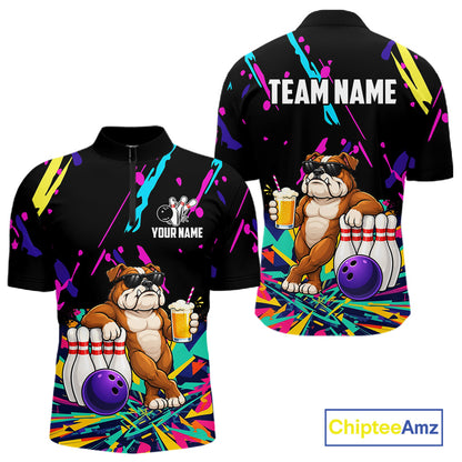 Colorful Bowling Jersey Funny Bulldog Bowling Polo & 1/4 Zip For Men Custom Bowling Team Shirts TDM7703
