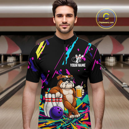 Colorful Bowling Jersey Funny Bulldog Bowling Polo & 1/4 Zip For Men Custom Bowling Team Shirts TDM7703