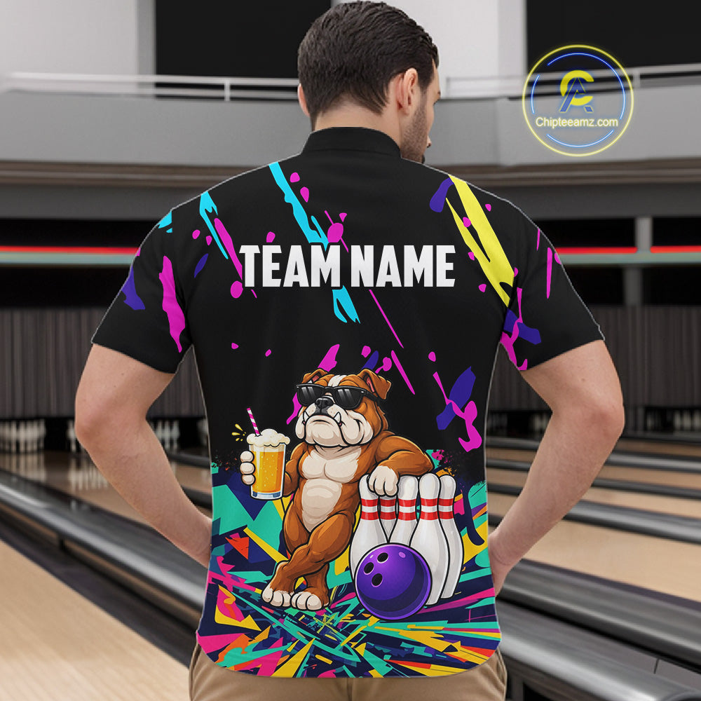 Colorful Bowling Jersey Funny Bulldog Bowling Polo & 1/4 Zip For Men Custom Bowling Team Shirts TDM7703