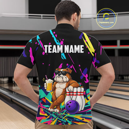 Colorful Bowling Jersey Funny Bulldog Bowling Polo & 1/4 Zip For Men Custom Bowling Team Shirts TDM7703