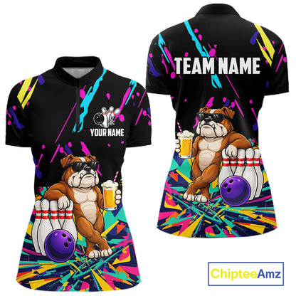 Colorful Bowling Jersey Funny Bulldog Bowling Polo & 1/4 Zip For Women Custom Bowling Team Shirts TDM7703