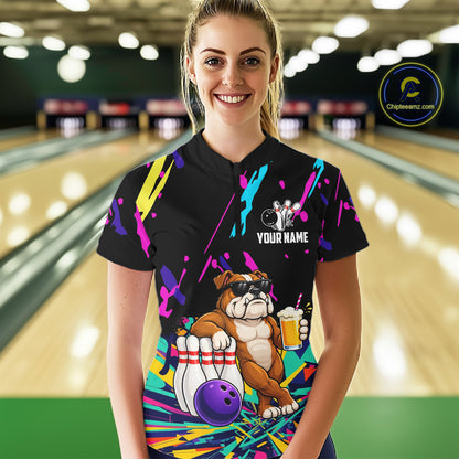 Colorful Bowling Jersey Funny Bulldog Bowling Polo & 1/4 Zip For Women Custom Bowling Team Shirts TDM7703