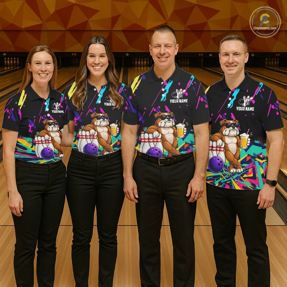 Colorful Bowling Jersey Funny Bulldog Bowling Polo & 1/4 Zip For Men Custom Bowling Team Shirts TDM7703