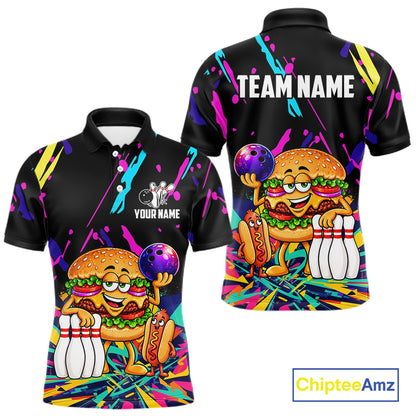 Colorful Bowling Jersey Funny Hamburger Bowling Polo & 1/4 Zip For Men Custom Bowling Team Shirts TDM7704