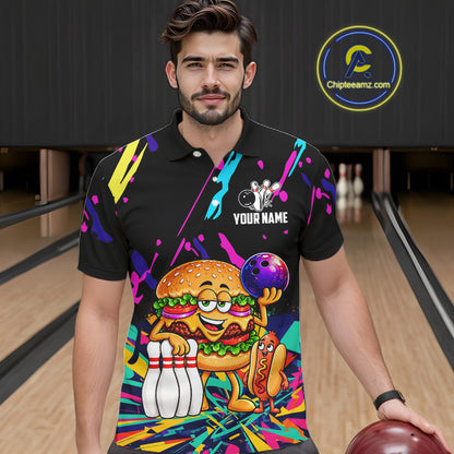 Colorful Bowling Jersey Funny Hamburger Bowling Polo & 1/4 Zip For Men Custom Bowling Team Shirts TDM7704