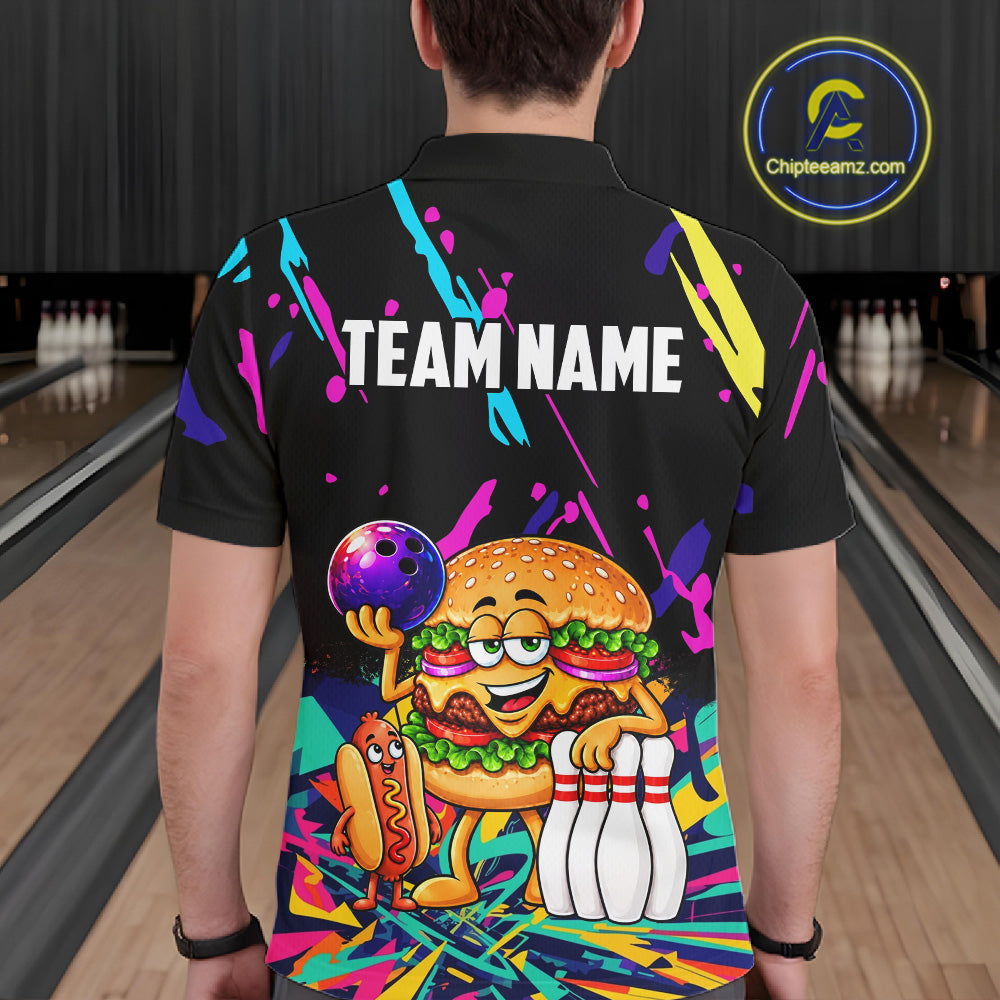 Colorful Bowling Jersey Funny Hamburger Bowling Polo & 1/4 Zip For Men Custom Bowling Team Shirts TDM7704
