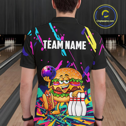 Colorful Bowling Jersey Funny Hamburger Bowling Polo & 1/4 Zip For Men Custom Bowling Team Shirts TDM7704