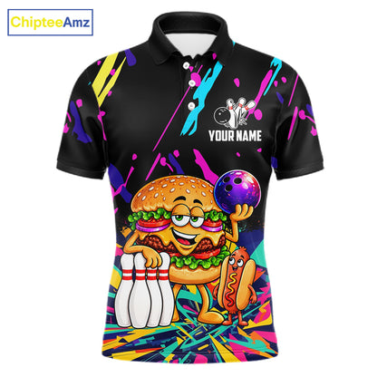 Colorful Bowling Jersey Funny Hamburger Bowling Polo & 1/4 Zip For Men Custom Bowling Team Shirts TDM7704