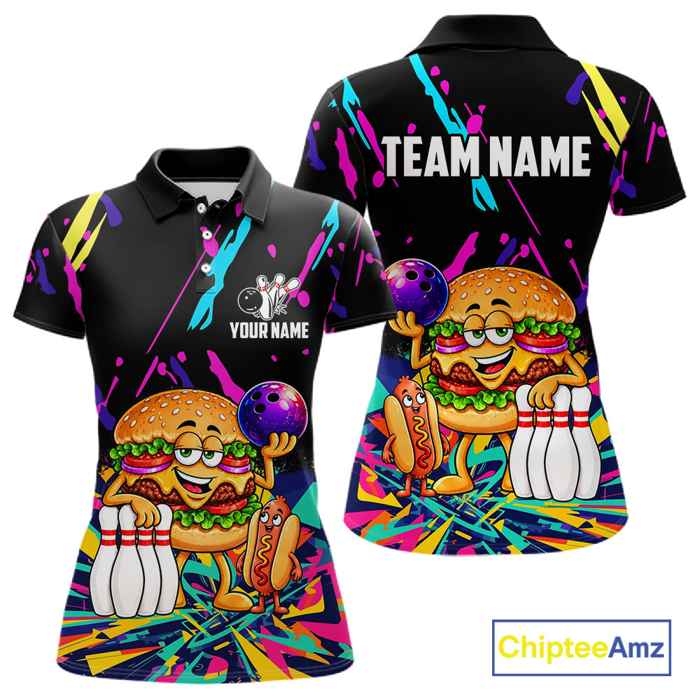 Colorful Bowling Jersey Funny Hamburger Bowling Polo & 1/4 Zip For Women Custom Bowling Team Shirts TDM7704