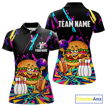 Colorful Bowling Jersey Funny Hamburger Bowling Polo & 1/4 Zip For Women Custom Bowling Team Shirts TDM7704