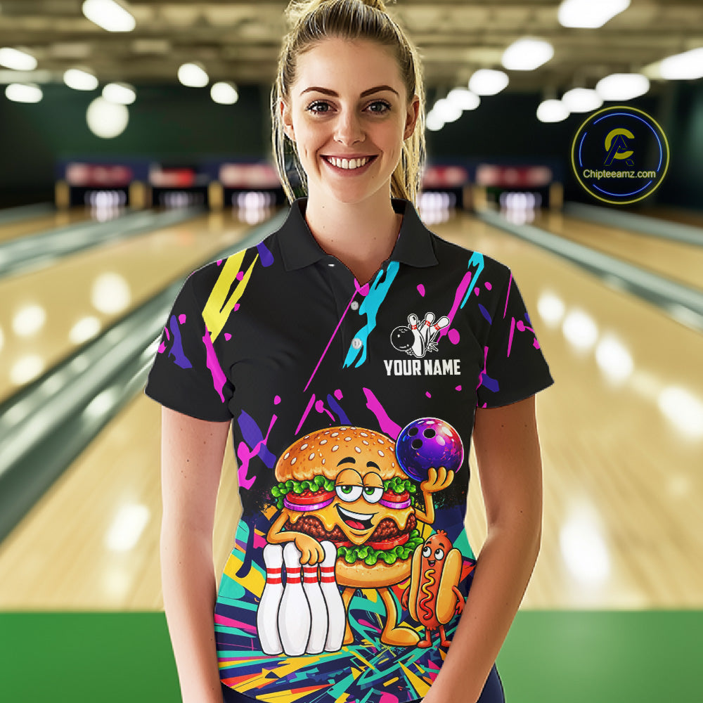 Colorful Bowling Jersey Funny Hamburger Bowling Polo & 1/4 Zip For Women Custom Bowling Team Shirts TDM7704