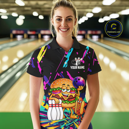 Colorful Bowling Jersey Funny Hamburger Bowling Polo & 1/4 Zip For Women Custom Bowling Team Shirts TDM7704