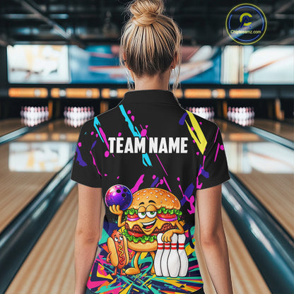 Colorful Bowling Jersey Funny Hamburger Bowling Polo & 1/4 Zip For Women Custom Bowling Team Shirts TDM7704
