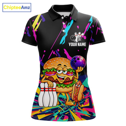 Colorful Bowling Jersey Funny Hamburger Bowling Polo & 1/4 Zip For Women Custom Bowling Team Shirts TDM7704