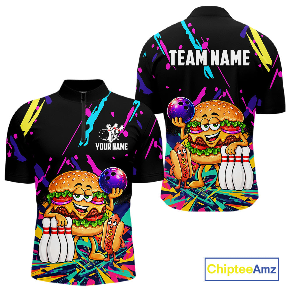 Colorful Bowling Jersey Funny Hamburger Bowling Polo & 1/4 Zip For Men Custom Bowling Team Shirts TDM7704