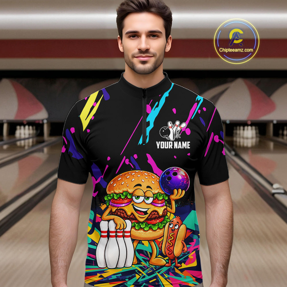 Colorful Bowling Jersey Funny Hamburger Bowling Polo & 1/4 Zip For Men Custom Bowling Team Shirts TDM7704