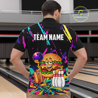 Colorful Bowling Jersey Funny Hamburger Bowling Polo & 1/4 Zip For Men Custom Bowling Team Shirts TDM7704