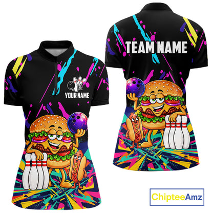 Colorful Bowling Jersey Funny Hamburger Bowling Polo & 1/4 Zip For Women Custom Bowling Team Shirts TDM7704