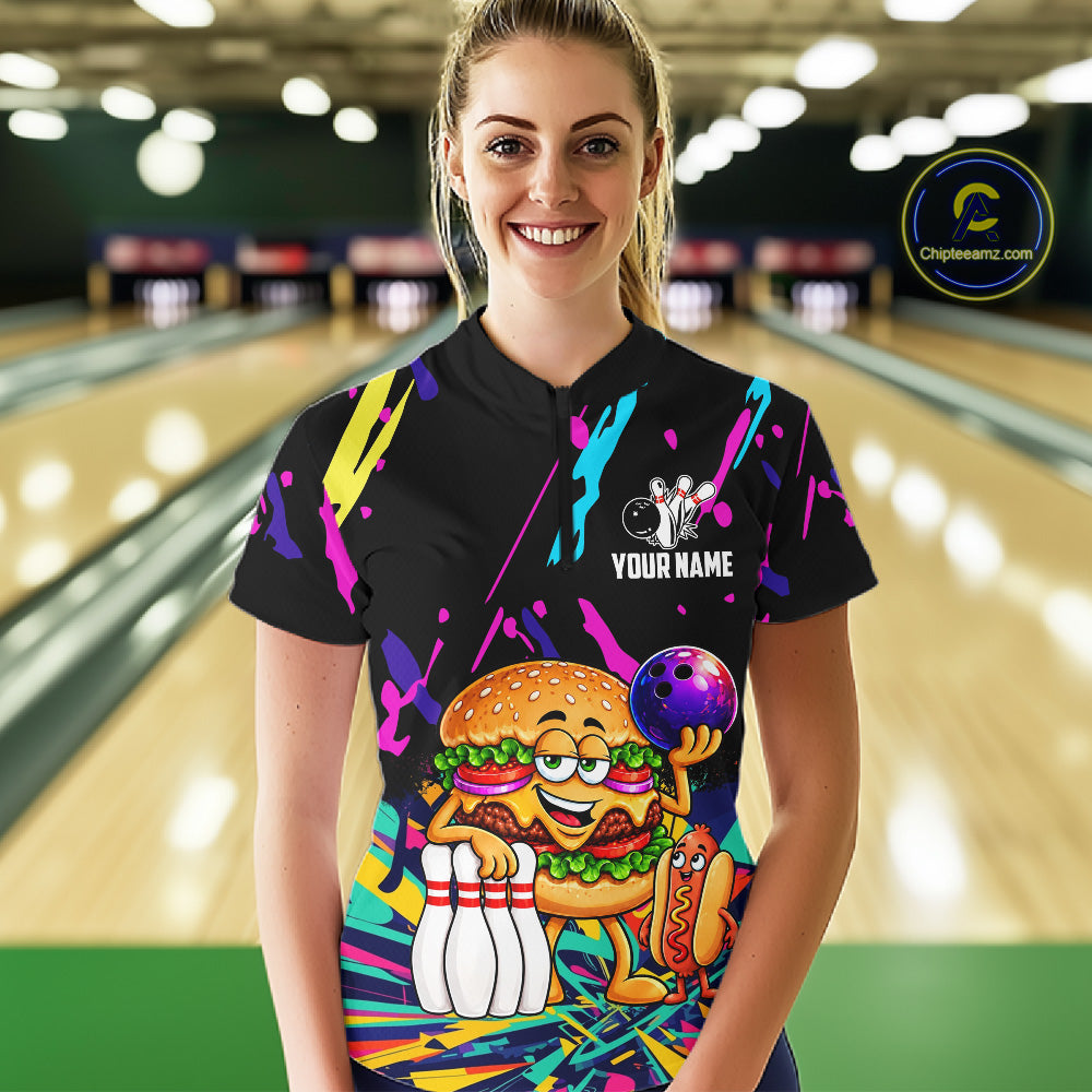 Colorful Bowling Jersey Funny Hamburger Bowling Polo & 1/4 Zip For Women Custom Bowling Team Shirts TDM7704