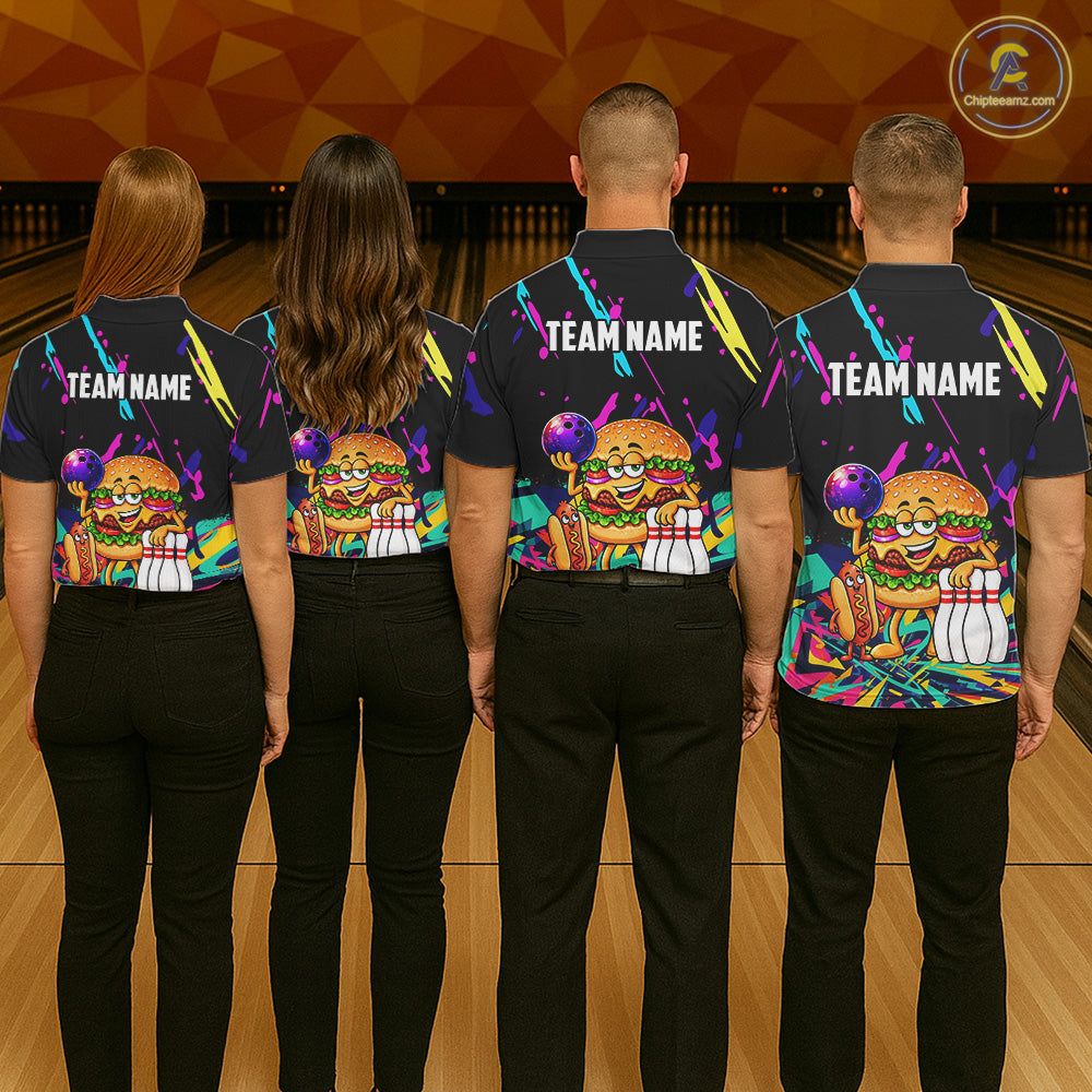Colorful Bowling Jersey Funny Hamburger Bowling Polo & 1/4 Zip For Men Custom Bowling Team Shirts TDM7704