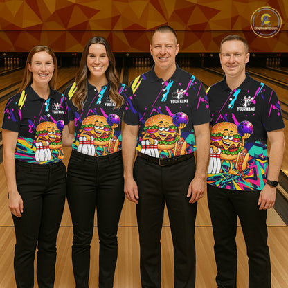 Colorful Bowling Jersey Funny Hamburger Bowling Polo & 1/4 Zip For Men Custom Bowling Team Shirts TDM7704