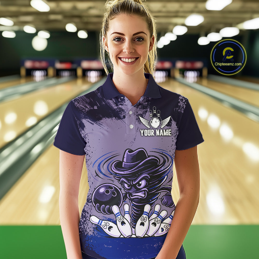 Funny Tornado Purple Grunge Bowling Shirts For Women Custom Bowling Team Jersey Polo & Quarter Zip TDM7705