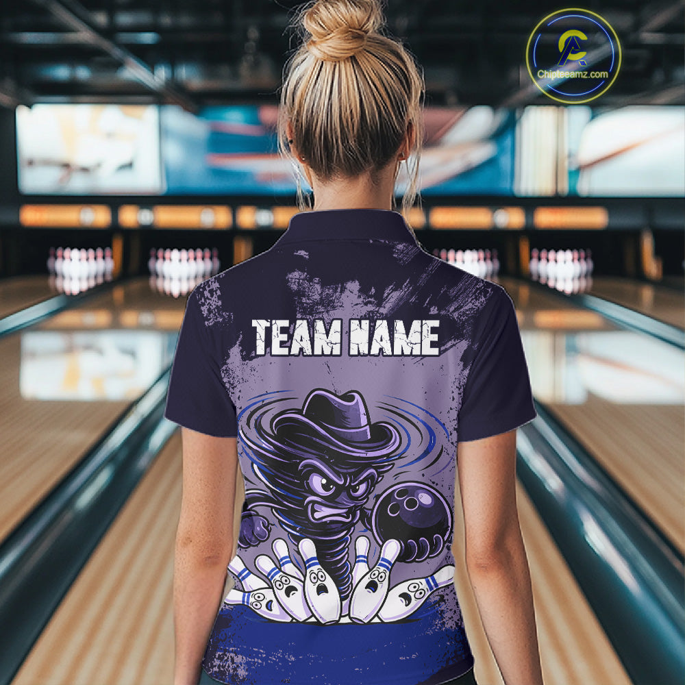 Funny Tornado Purple Grunge Bowling Shirts For Women Custom Bowling Team Jersey Polo & Quarter Zip TDM7705