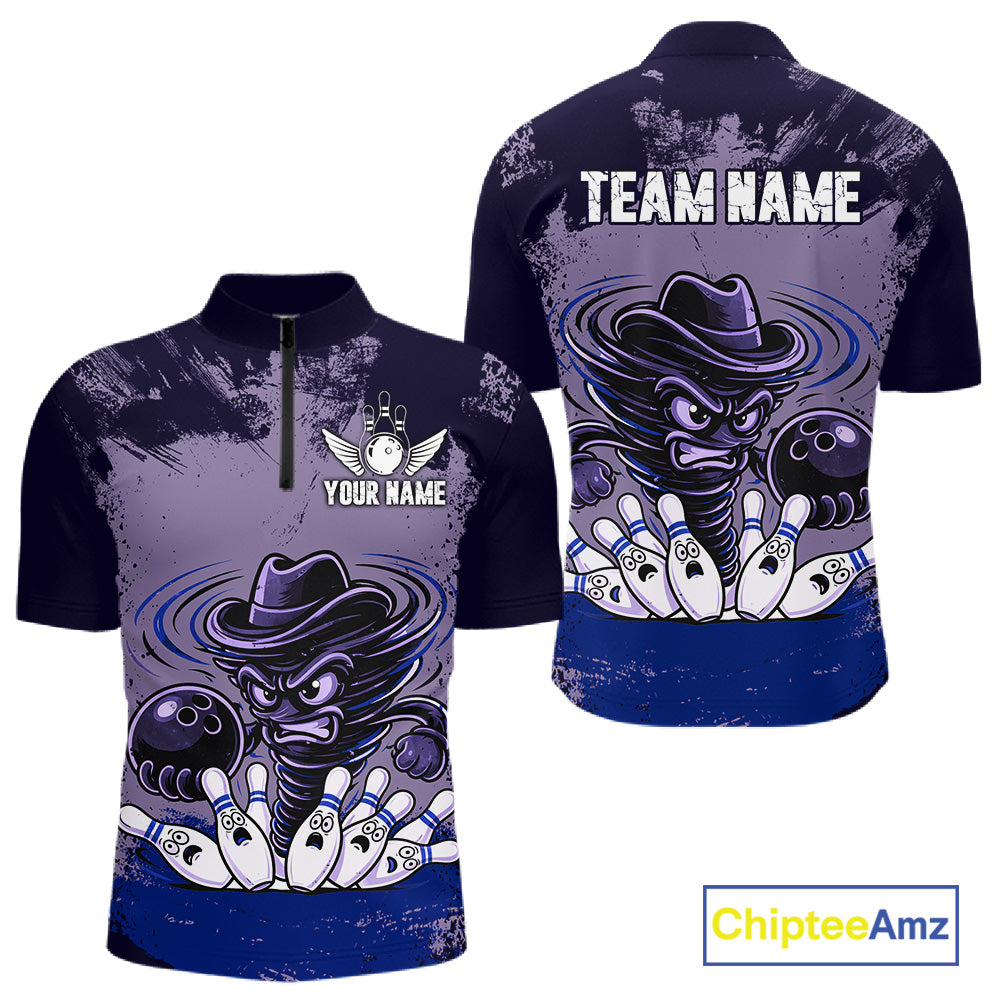 Funny Tornado Purple Grunge Bowling Shirts For Men Custom Bowling Team Jersey Polo & Quarter Zip TDM7705
