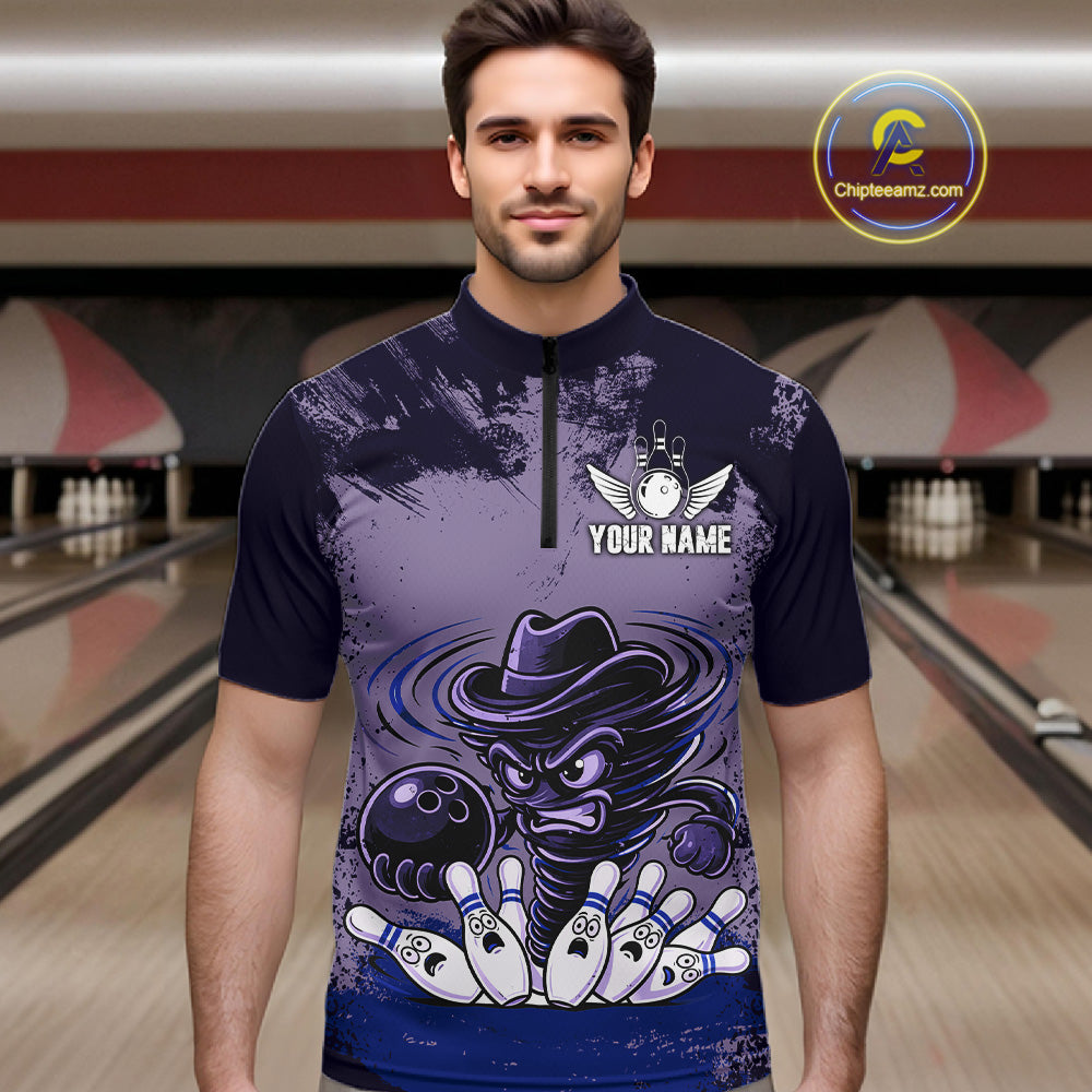 Funny Tornado Purple Grunge Bowling Shirts For Men Custom Bowling Team Jersey Polo & Quarter Zip TDM7705