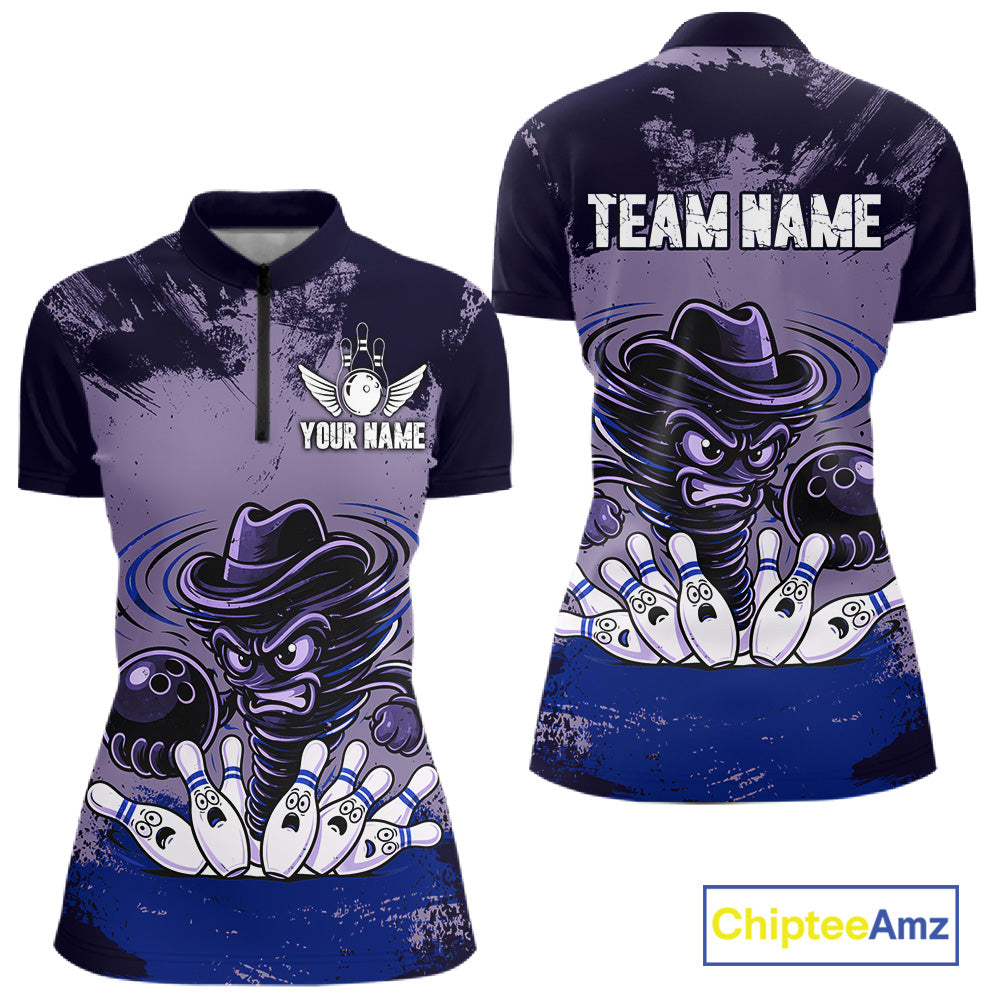 Funny Tornado Purple Grunge Bowling Shirts For Women Custom Bowling Team Jersey Polo & Quarter Zip TDM7705