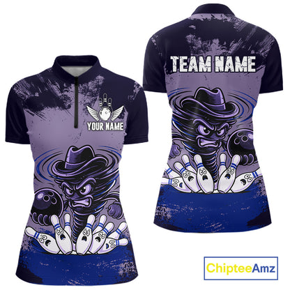 Funny Tornado Purple Grunge Bowling Shirts For Women Custom Bowling Team Jersey Polo & Quarter Zip TDM7705