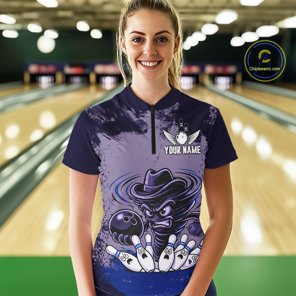 Funny Tornado Purple Grunge Bowling Shirts For Women Custom Bowling Team Jersey Polo & Quarter Zip TDM7705
