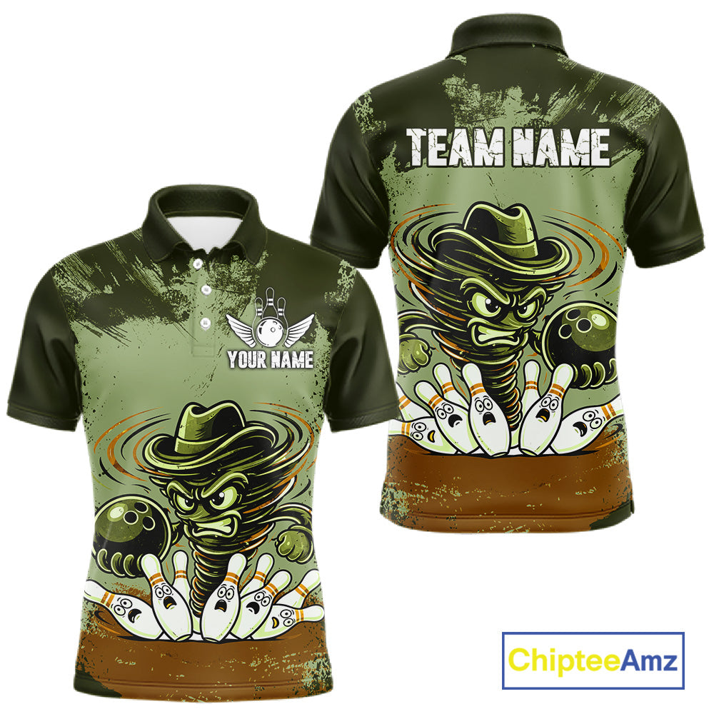Funny Tornado Green Grunge Bowling Shirts For Men Custom Bowling Team Jersey Polo & Quarter Zip TDM7706