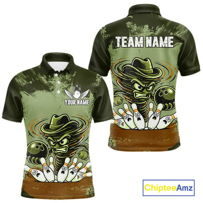 Funny Tornado Green Grunge Bowling Shirts For Men Custom Bowling Team Jersey Polo & Quarter Zip TDM7706