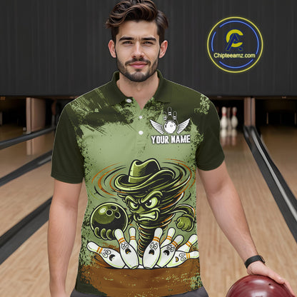 Funny Tornado Green Grunge Bowling Shirts For Men Custom Bowling Team Jersey Polo & Quarter Zip TDM7706