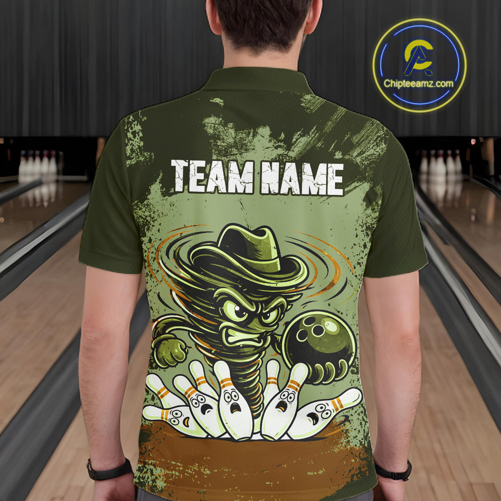 Funny Tornado Green Grunge Bowling Shirts For Men Custom Bowling Team Jersey Polo & Quarter Zip TDM7706