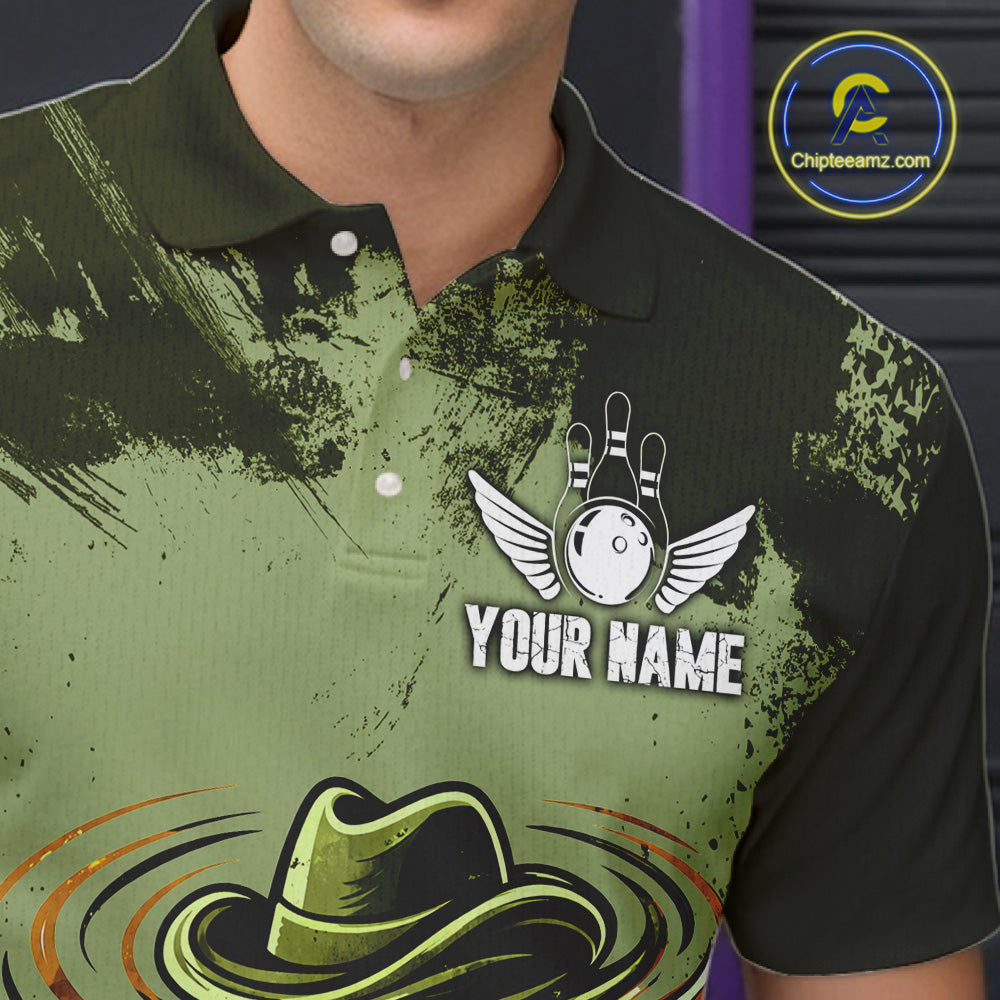 Funny Tornado Green Grunge Bowling Shirts For Men Custom Bowling Team Jersey Polo & Quarter Zip TDM7706