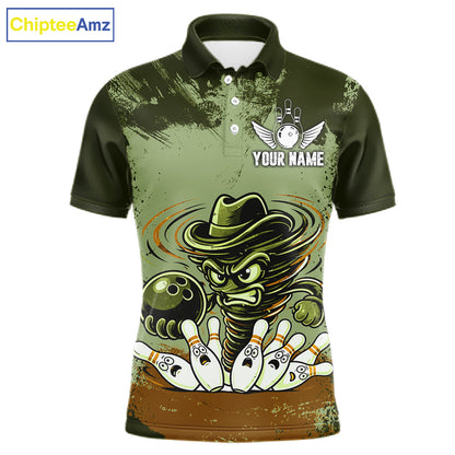 Funny Tornado Green Grunge Bowling Shirts For Men Custom Bowling Team Jersey Polo & Quarter Zip TDM7706