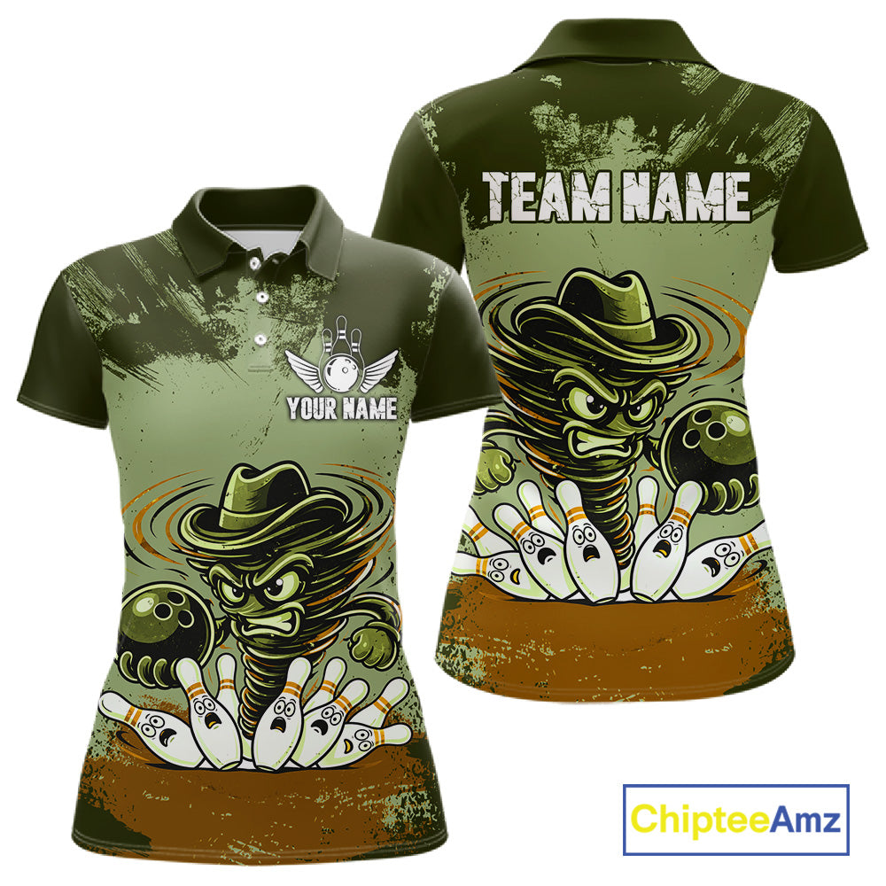 Funny Tornado Green Grunge Bowling Shirts For Women Custom Bowling Team Jersey Polo & Quarter Zip TDM7706
