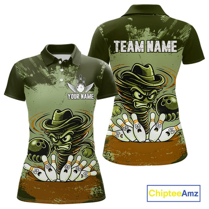 Funny Tornado Green Grunge Bowling Shirts For Women Custom Bowling Team Jersey Polo & Quarter Zip TDM7706