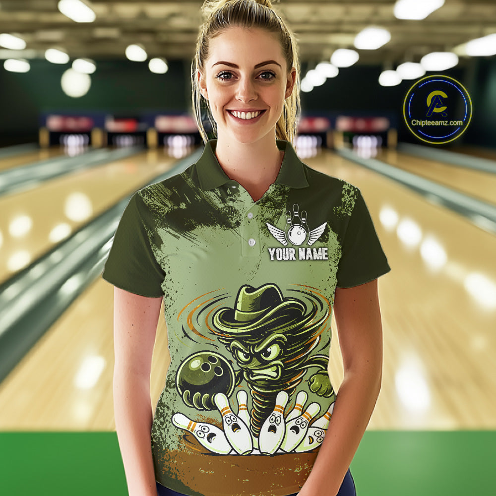 Funny Tornado Green Grunge Bowling Shirts For Women Custom Bowling Team Jersey Polo & Quarter Zip TDM7706