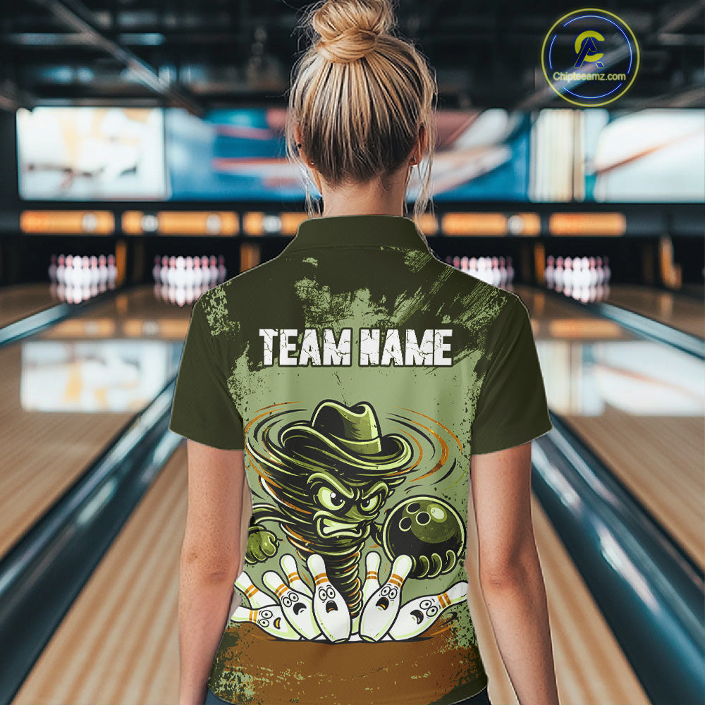 Funny Tornado Green Grunge Bowling Shirts For Women Custom Bowling Team Jersey Polo & Quarter Zip TDM7706