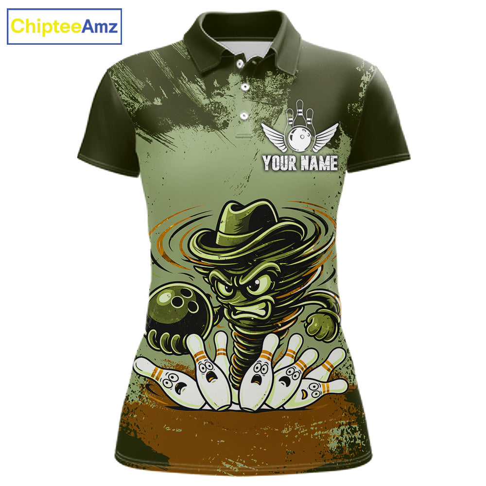 Funny Tornado Green Grunge Bowling Shirts For Women Custom Bowling Team Jersey Polo & Quarter Zip TDM7706