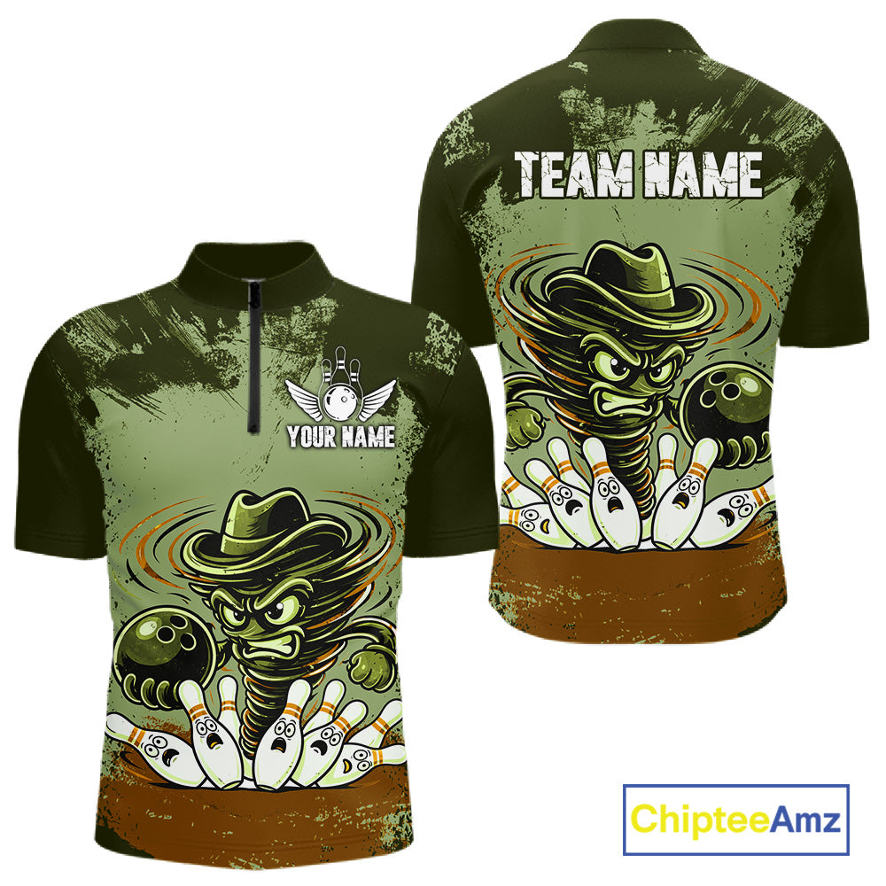 Funny Tornado Green Grunge Bowling Shirts For Men Custom Bowling Team Jersey Polo & Quarter Zip TDM7706