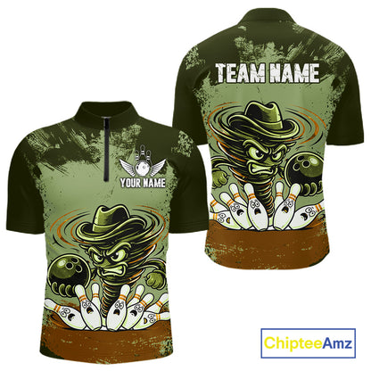 Funny Tornado Green Grunge Bowling Shirts For Men Custom Bowling Team Jersey Polo & Quarter Zip TDM7706